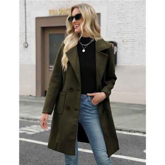 Women Mid-Long Coat Notch Double-Breasted Green